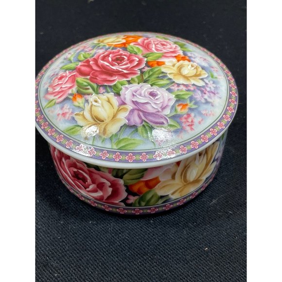 Vintage Lefton Porcelain Lidded Trinket Dish Or Powder Pot Floral Painted - Picture 7 of 10